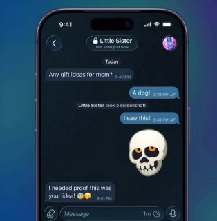 Тёмный режим чата Telegram с сообщением и стикером-черепом, визуализация обновлённого дизайна и возможностей взаимодействия внутри чата