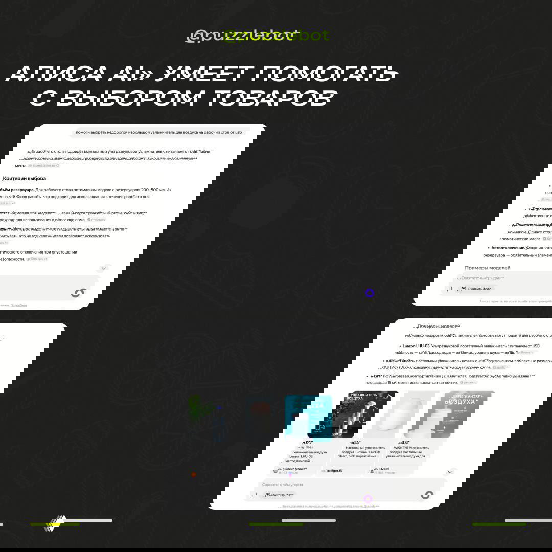 Скриншоты страницы «Алиса AI» с карточками товаров и критериями выбора — пример помощи нейросети в подборе товаров по характеристикам и цене.