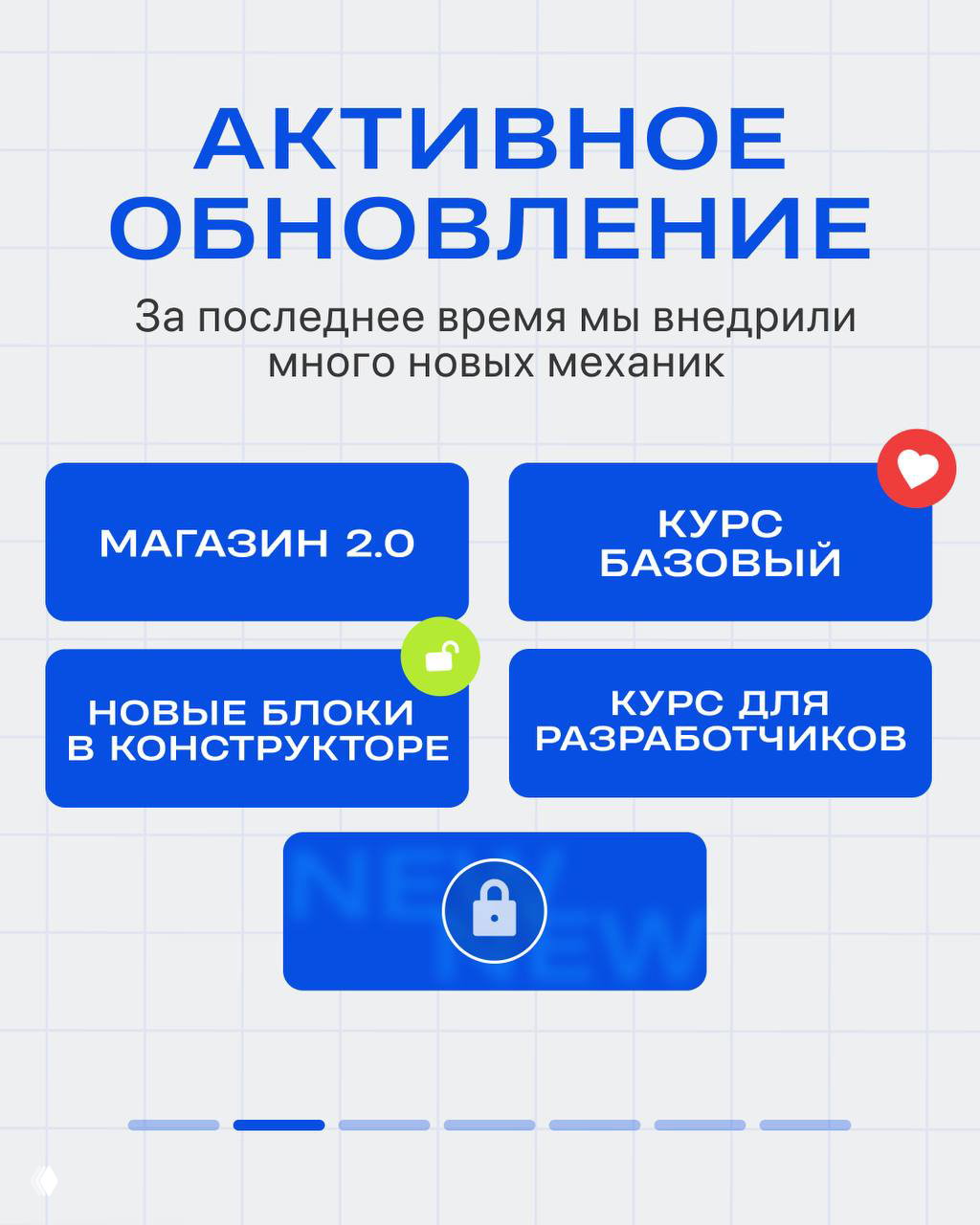 Инфографика с крупным заголовком «АКТИВНОЕ ОБНОВЛЕНИЕ» и карточками новых механик — Магазин 2.0, курс базовый, новые блоки в конструкторе, курс для разработчиков.