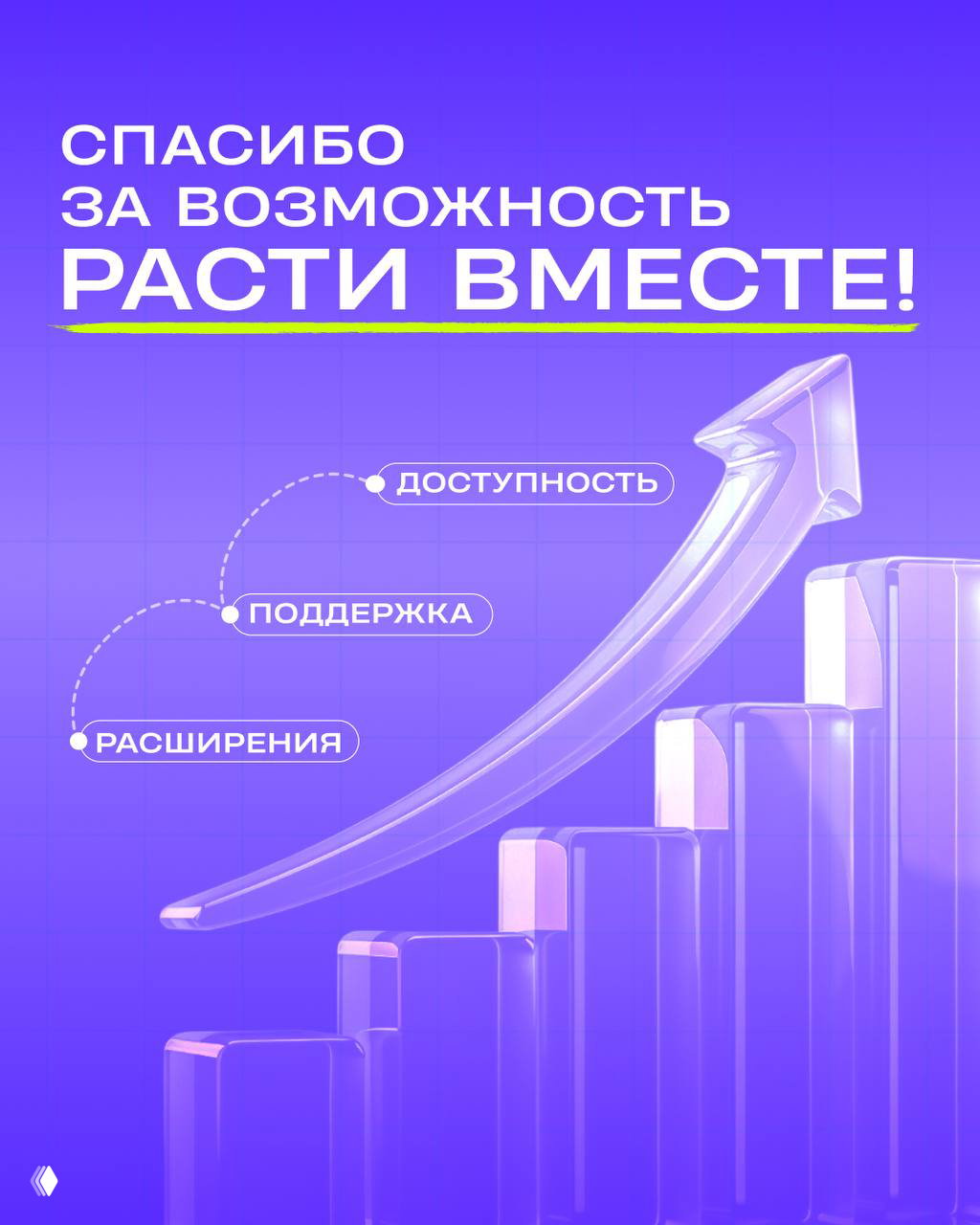 Промо‑слайд с текстом «СПАСИБО ЗА ВОЗМОЖНОСТЬ РАСТИ ВМЕСТЕ» и диаграммой роста, указывающей на доступность, поддержку и расширения как цели дальнейшего развития сервиса.