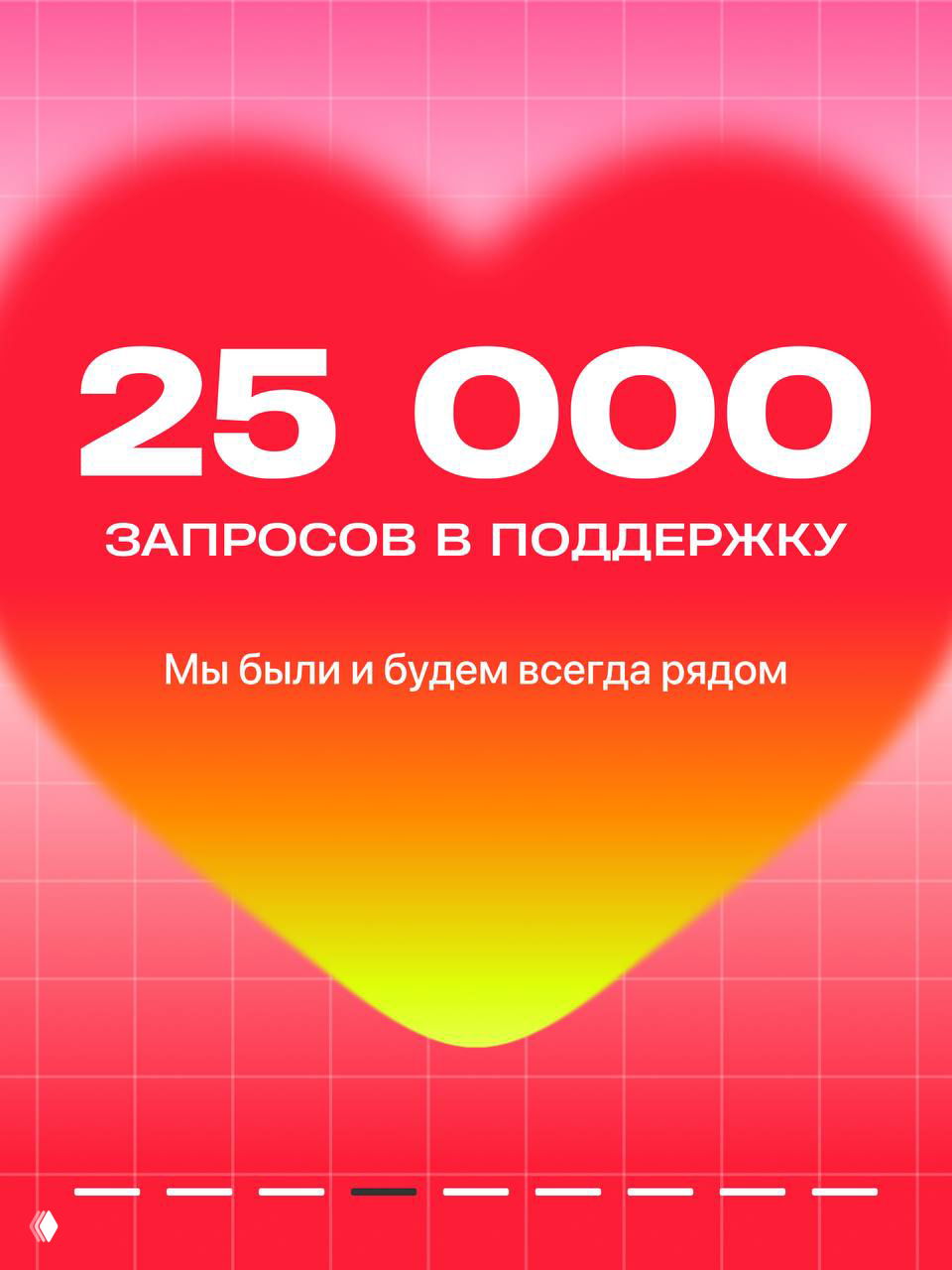 Яркое сердце с надписью «25 000 запросов в поддержку» и подстрочным текстом «Мы были и будем всегда рядом», иллюстрация работы службы поддержки