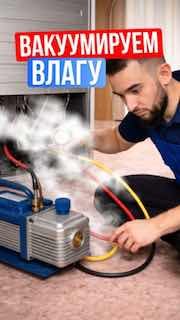 Мастер с вакуумным насосом и шлангами у холодильника Candy в процессе вакуумирования системы для удаления влаги и воздуха перед заправкой.