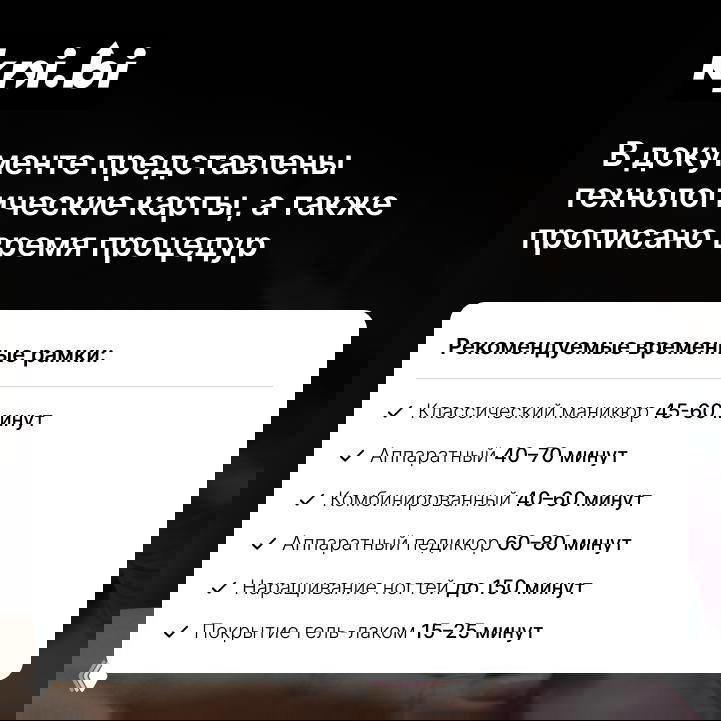 Инфографика с рекомендуемыми временными рамками процедур: классический и аппаратный маникюр, педикюр, наращивание ногтей и покрытие гель-лаком на фоне рук и инструмента.
