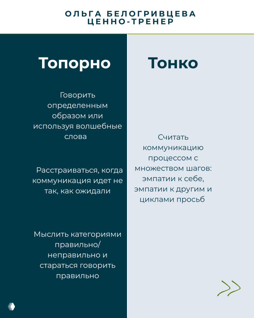 Информационный слайд с колонками «Топорно» и «Тонко»: сравнение подходов в общении с поясняющим текстом на двух контрастных фонах.