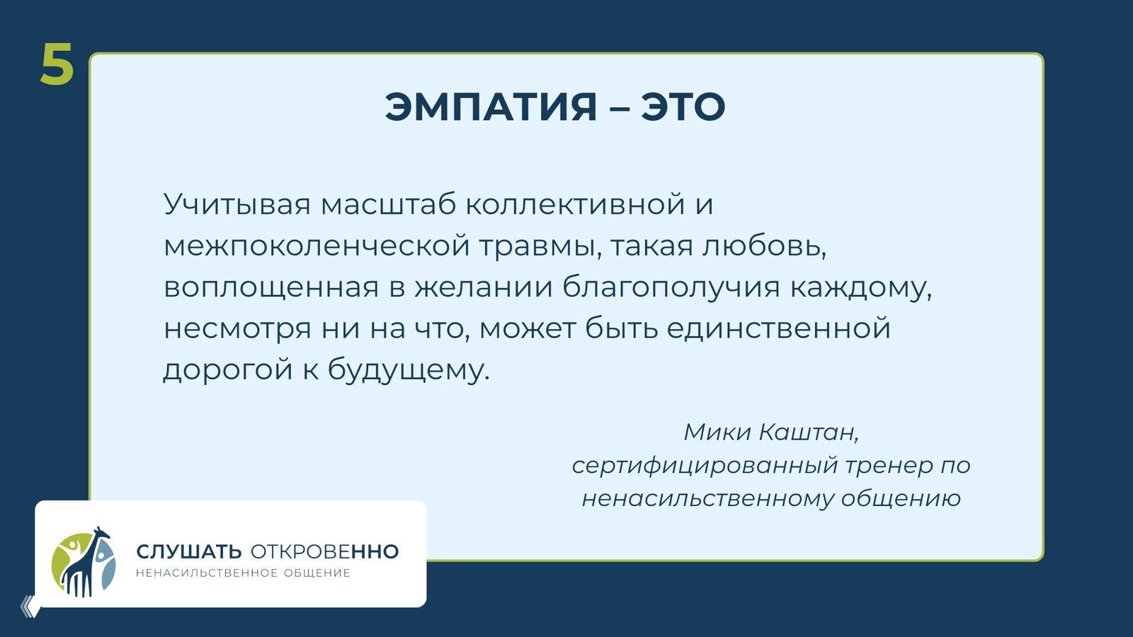 Слайд с цитатой Мики Каштан о масштабах коллективной и межпоколенческой травмы и о том, что эмпатия может быть дорогой к будущему; логотип «Слушать откровенно» внизу.