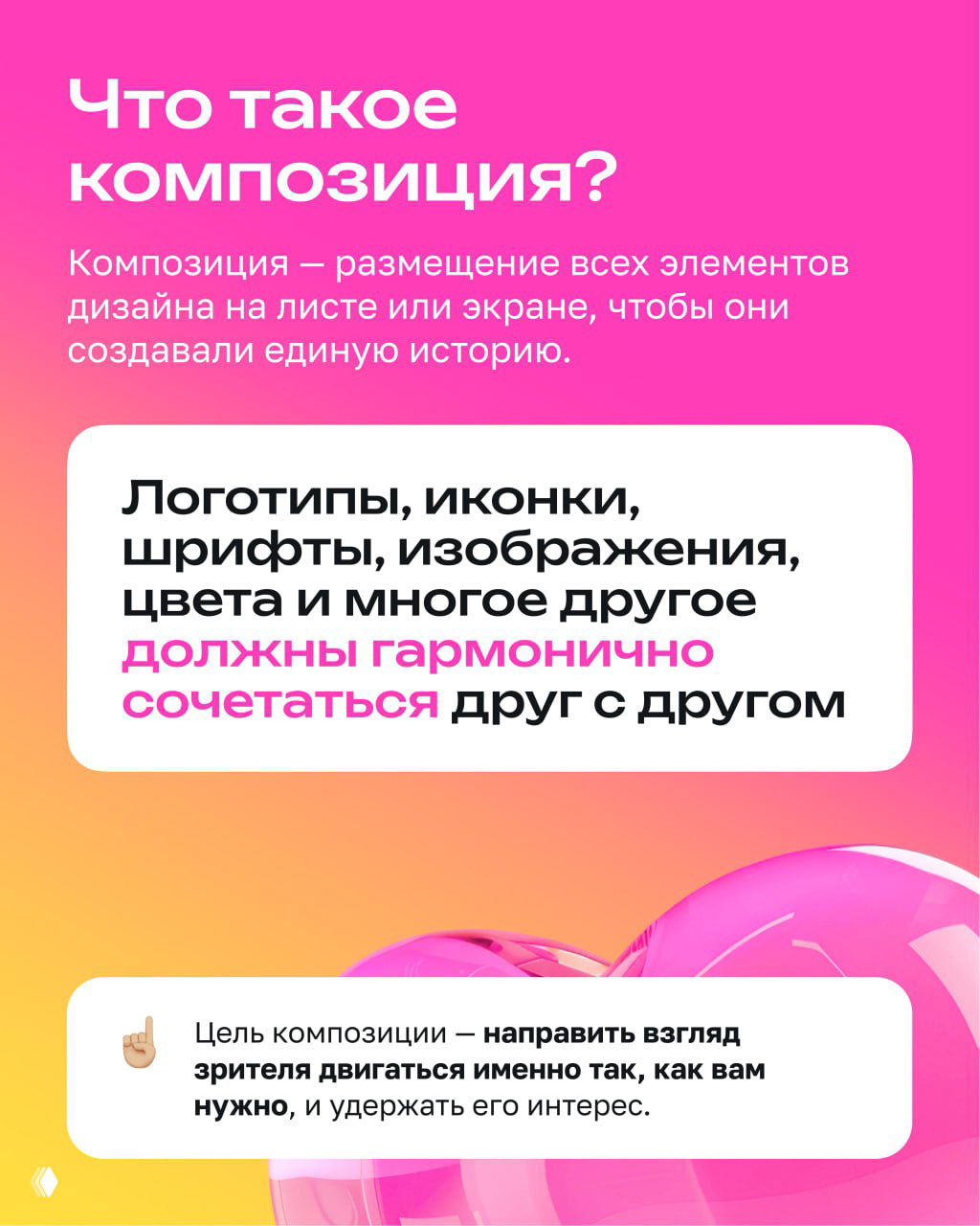 Слайд с вопросом «Что такое композиция?» и пояснением о размещении логотипов, шрифтов, изображений и цветов на листе для единой истории.