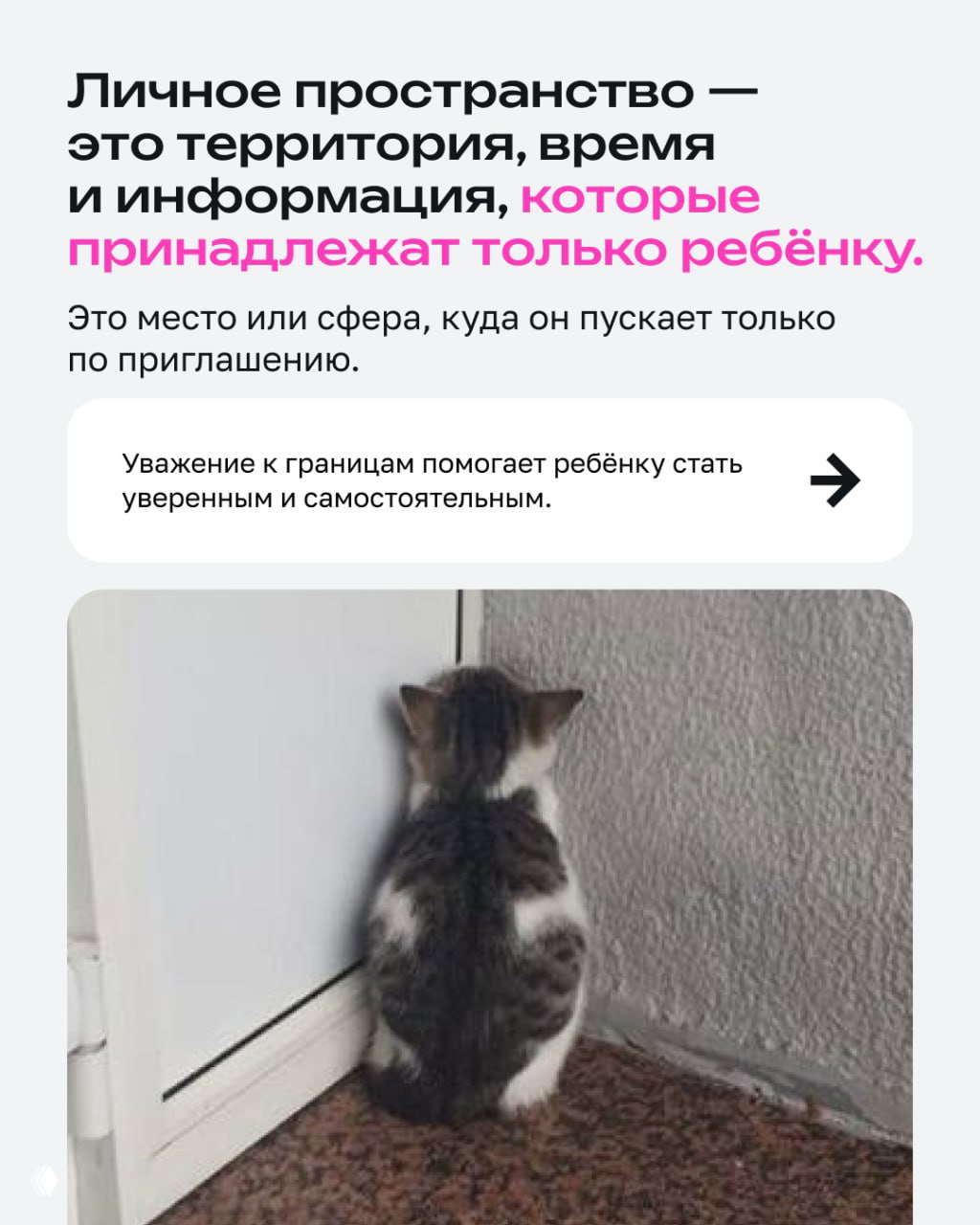 Карточка с определением личного пространства ребёнка: территория, время и информация, которые принадлежат только ребёнку; дизайн с котёнком внизу.