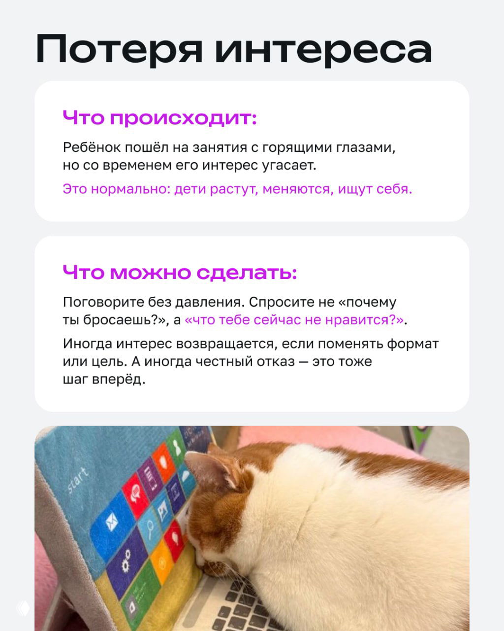 Карточка о потере интереса: текстовые блоки с пояснениями для родителей и фото кота у клавиатуры, символизирующее усталость и теряющийся интерес.