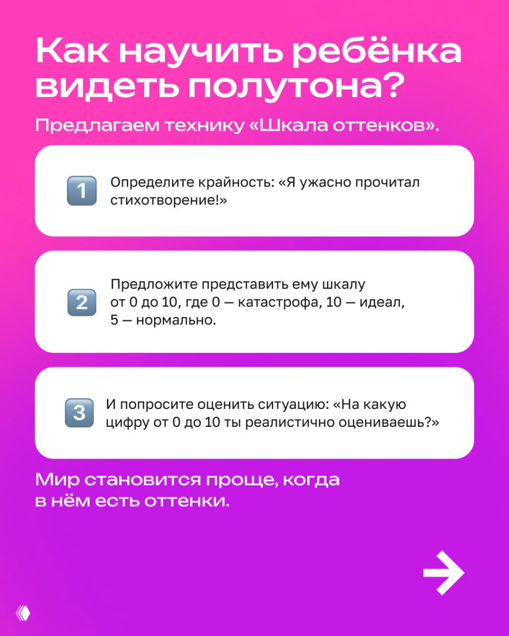 Слайд «Как научить ребёнка видеть полутонa?» с названием техники «Шкала оттенков» и нумерованными тремя шагами: определить крайность, предложить шкалу, попросить оценить.