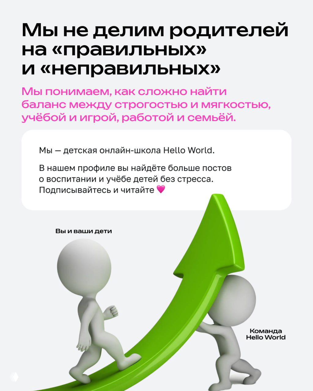 Финальный слайд с посылом без деления родителей на «правильных» и «неправильных», две 3D-фигуры и зелёная стрелка роста — подпись команды Hello World.