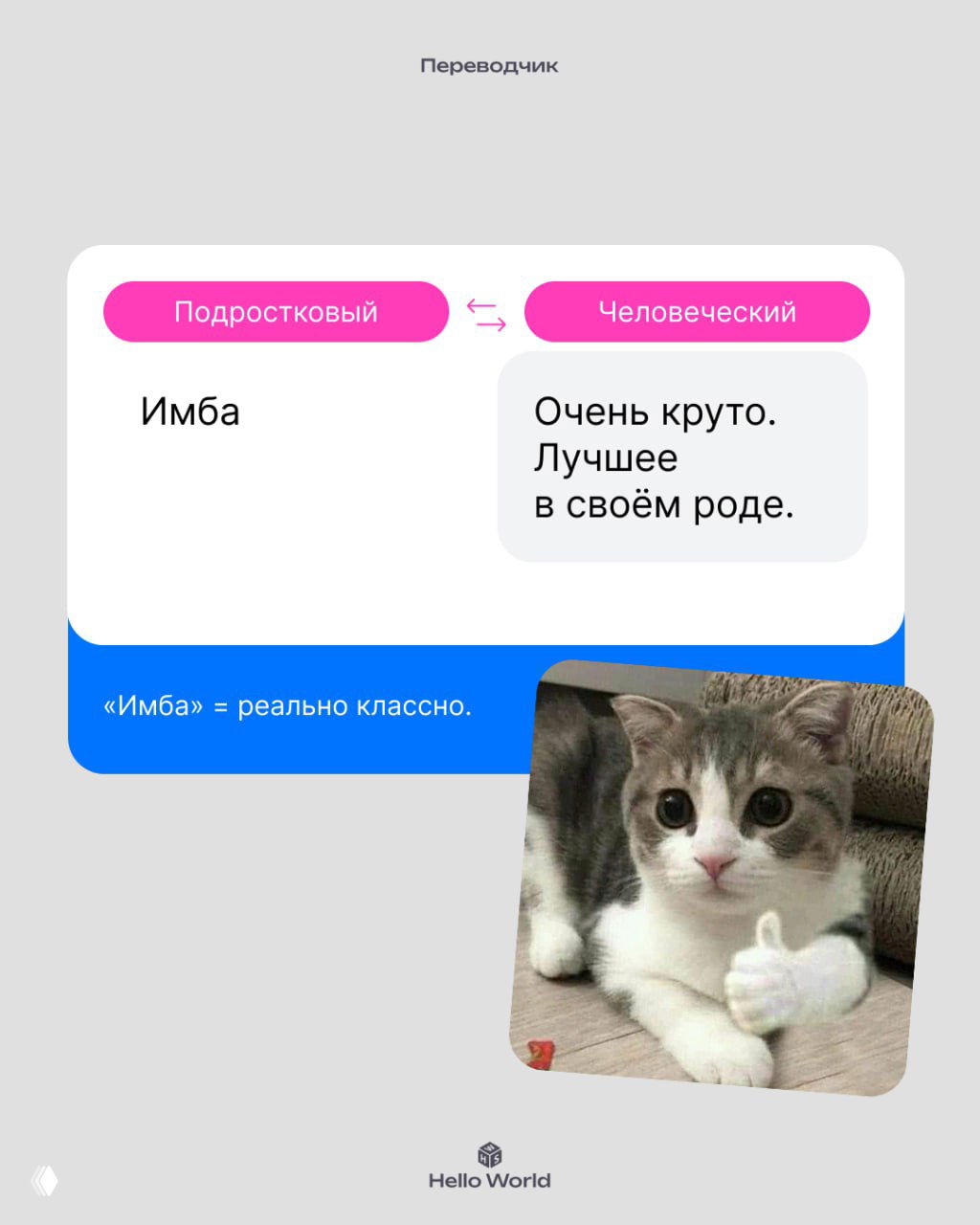 Карточка с примером «Имба» в подростковом сленге и объяснением «Очень круто. Лучшее в своём роде», дополненная фотографией улыбающегося котёнка.