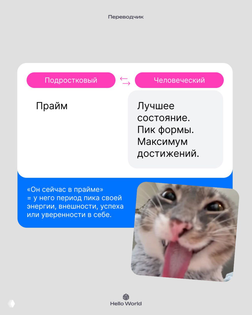 Карточка с «Прайм» и объяснением как лучшее состояние, пик формы, максимальные достижения; иллюстрирована смешным фото кота с высунутым языком.