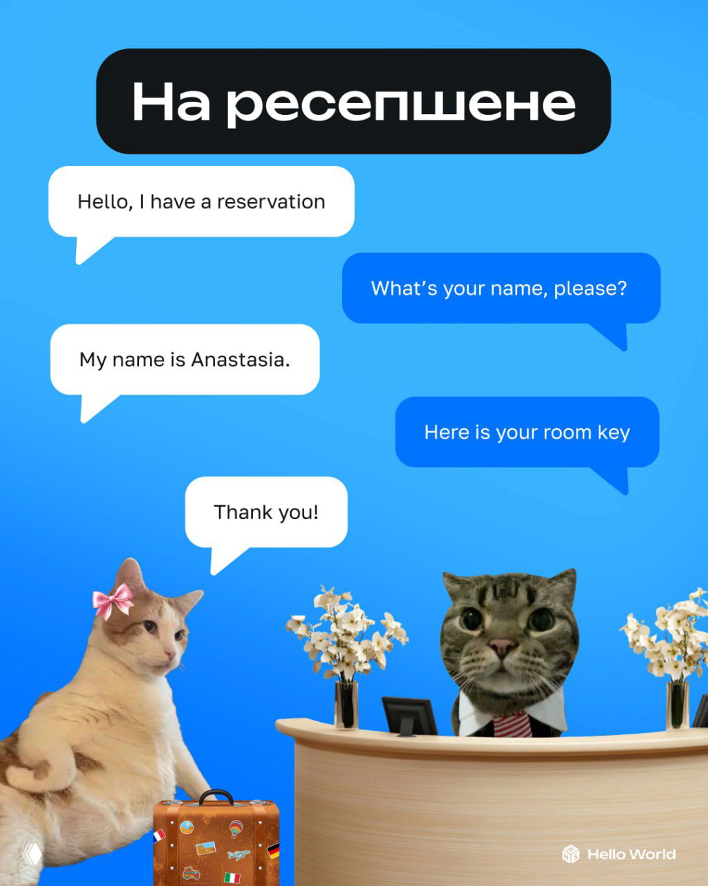 Картинка «На ресепшене»: диалог регистрации на английском, коты за стойкой и посетители — наглядная карточка для путешественников.