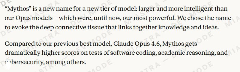 Скриншот черновика блог-поста с фрагментом текста о модели Mythos, сравнение с Opus и заметный водяной знак