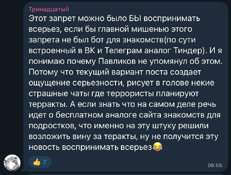 Скриншот комментария в Telegram о боте для знакомств: рассуждение о вербовке через «несерьёзное» явление и ирония.