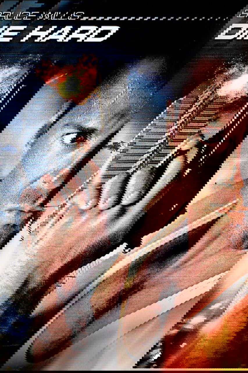 Постер «Крепкий орешек»: крупный план Брюса Уиллиса с пистолетом на фоне взрыва и небоскрёбов, динамика экшн‑фильма 90‑х.