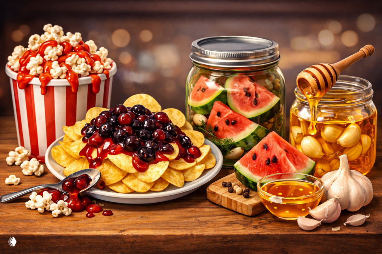 Чипсы с вареньем на тарелке, попкорн с кетчупом, маринованный арбуз и банки с медом и чесноком — иллюстрация необычных вкусовых сочетаний.