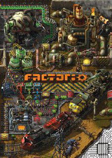 Обложка Factorio с видом на производственные цепочки и поезда, насыщенный технический арт симулятора автоматизации и оптимизации процессов.