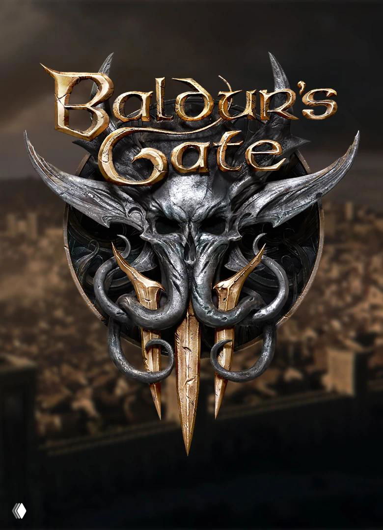 Логотип и арт Baldur’s Gate 3 с мрачным фэнтези-элементом и декоративным шрифтом, постер партийной RPG во вселенной D&amp;D.