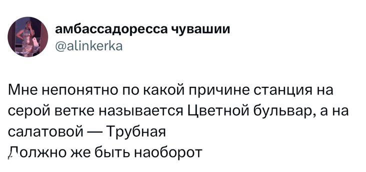 Скриншот твита о названиях станций метро: автор не понимает, почему «Цветной бульвар» на серой ветке, а «Трубная» на салатовой — короткое наблюдение в виде твита.