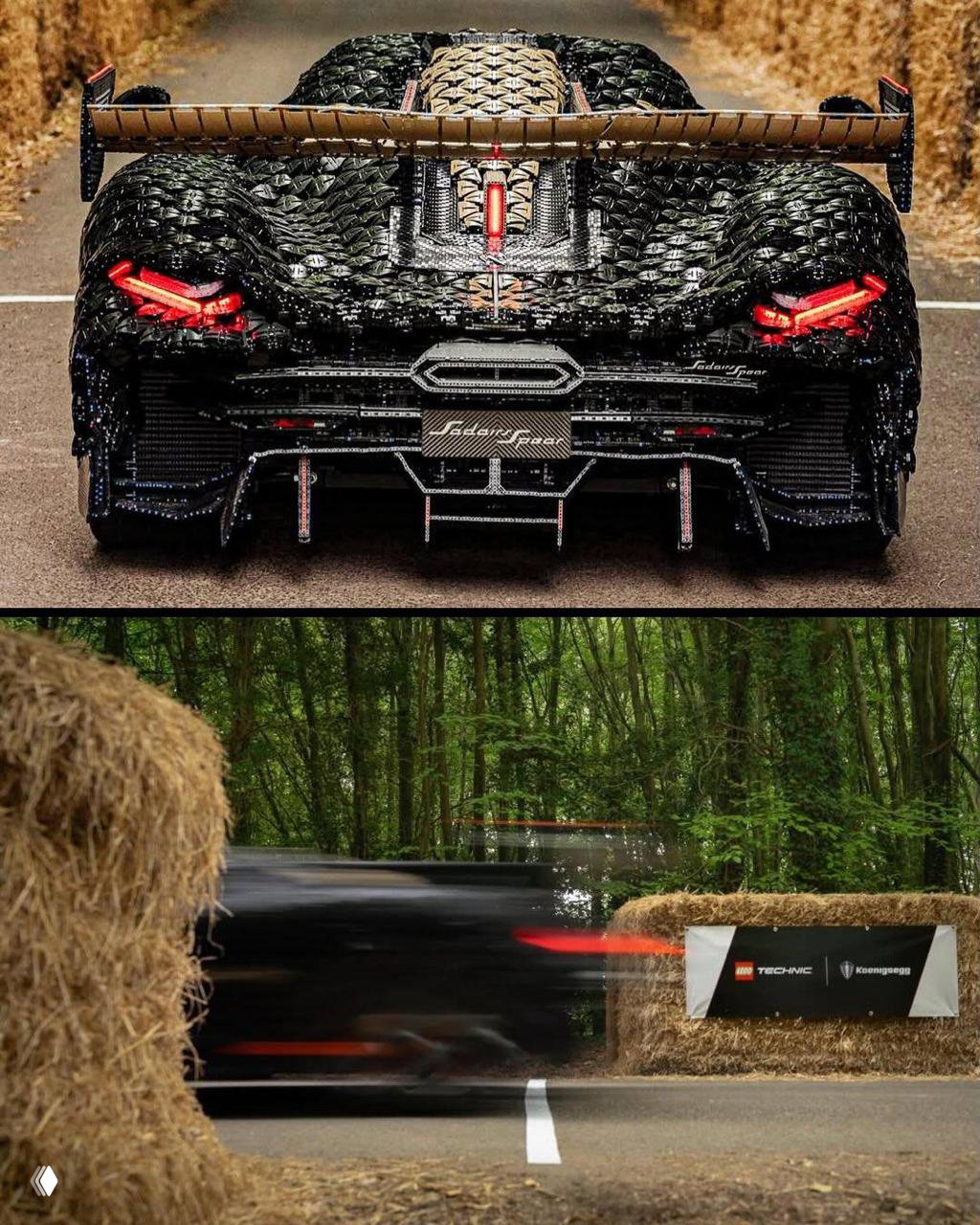 Вид сзади на LEGO‑версию Koenigsegg: чёрная «чешуйчатая» облицовка кузова, массивное антикрыло и светящиеся задние фонари, собранные из множества деталей.