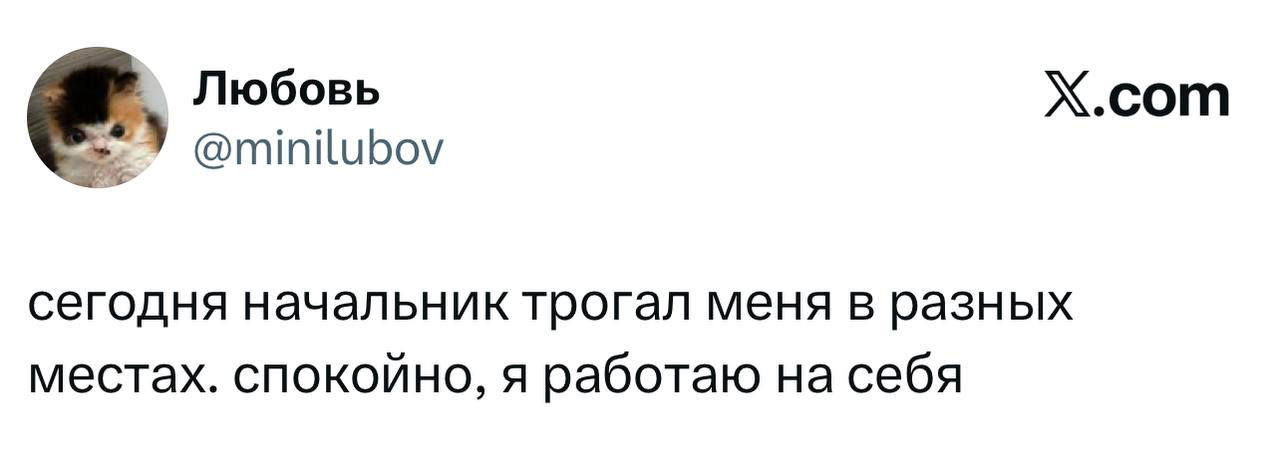 Скриншот короткого твита-шутки про начальника, который 'трогал меня в разных местах', с минимальным текстовым оформлением и логотипом X.com.