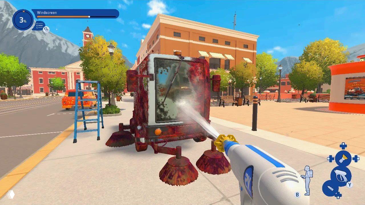 Скриншот PowerWash Simulator 2: вид от первого лица, струя воды под давлением смывает грязь с транспорта на яркой улице в дневном свете.