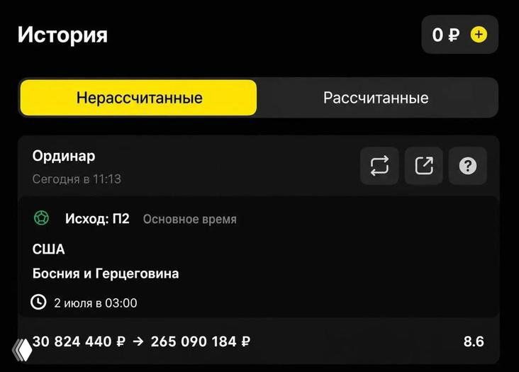Скриншот купона ставки: отображены сумма около 30 млн ₽, строки «США — Босния и Герцеговина», коэффициент 8.6 и итоговые числа.