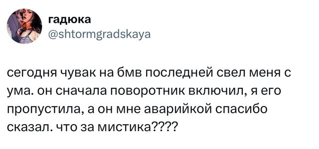 Скриншот твита с рассказом о парне на BMW, который включил поворотник и «свёл с ума» автора; видно имя пользователя и текст сообщения.