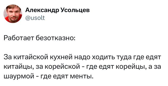Скриншот твита с шуткой про китайскую и корейскую кухни и шавурму; видно аватар, имя пользователя и текст на стандартном фоне твита.