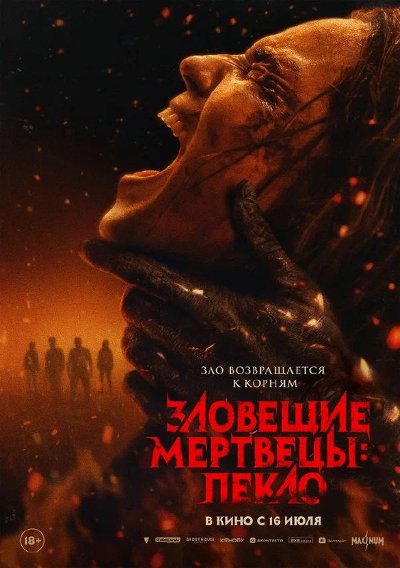 Мрачный постер хоррора: лицо женщины, кричащее от ужаса, рука сжимающая шею, искры и тёмные силуэты на заднем плане — «Зловещие мертвецы: Пекло».