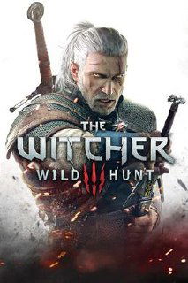 Постер The Witcher 3: Wild Hunt с изображением Геральта в боевой позе и логотипом игры, атмосферный арт экшен-RPG о ведьмаке и поиске Цири.