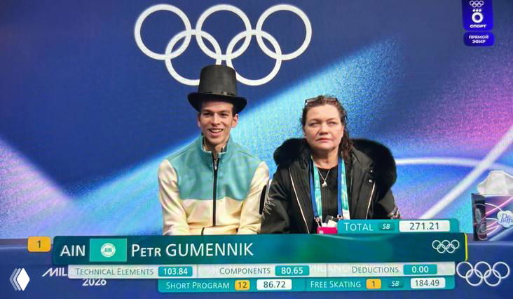 Петр Гуменник рядом с тренером у судейского стола и табло с баллами, на заднем плане эмблема Олимпиады и итоговые показатели проката.
