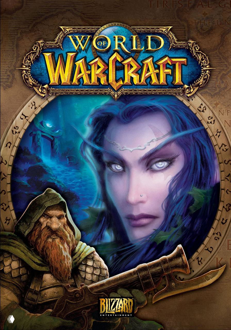 Обложка World of Warcraft с логотипом игры и фэнтези-персонажами на фоне, классический арт MMORPG о мире Азерота и рейдах.