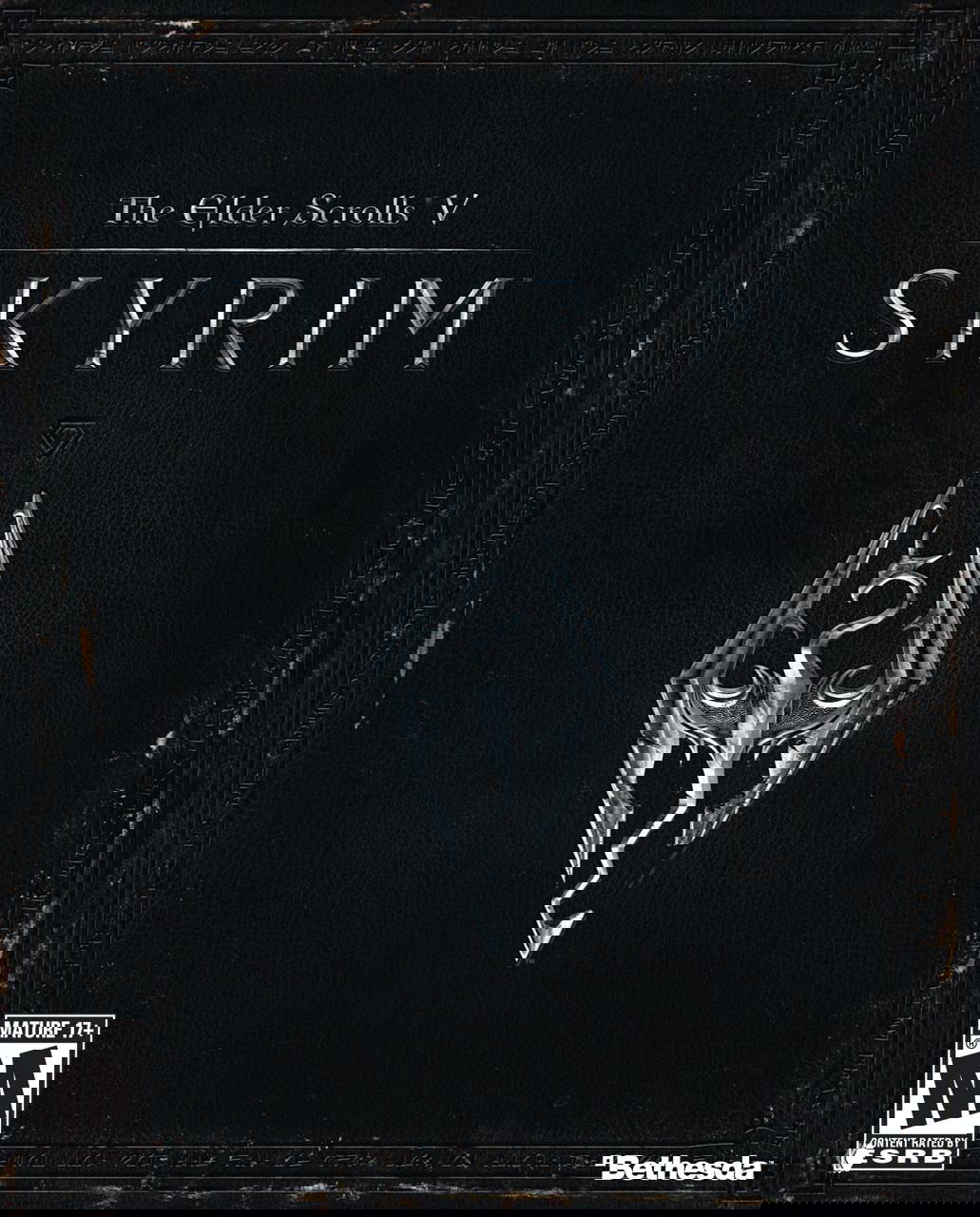 Обложка The Elder Scrolls V: Skyrim с тёмным минималистичным логотипом и эмблемой дракона, атмосферный арт открытой RPG Bethesda.