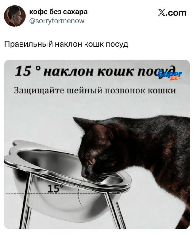 Изображение: чёрная кошка наклоняется к миске, показан рекомендуемый угол наклона 15° для удобства питания, дизайн миски и схема наклона.