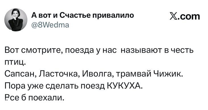 Скриншот твита с перечислением названий поездов в честь птиц и словесной шуткой «пора сделать поезд КУКУХА», видно стандартную карточку X.