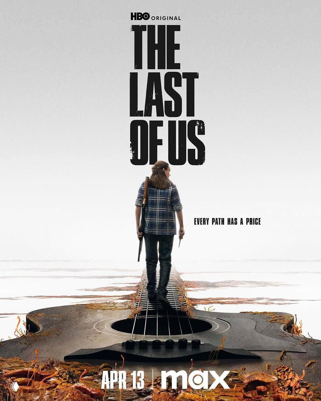 Промопостер «Одни из нас»: персонаж идёт по обломкам с гитарой, минималистичный белый фон и крупный логотип сериала.