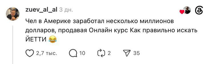 Скриншот второго комментария с другим примером странного бизнеса: продажа онлайн-курса о том, как правильно искать йетти.