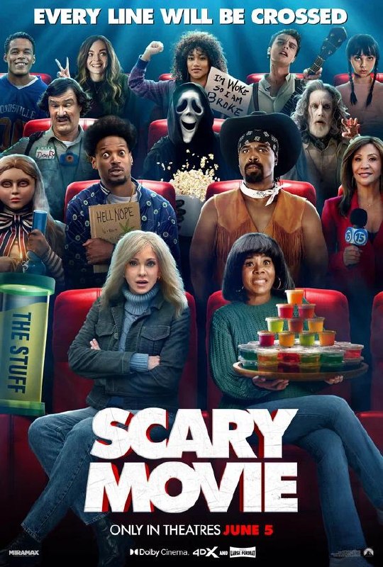 Постер «Scary Movie»: ансамбль персонажей в кинозале с комичными и пугающими масками, попкорн и слоган — хоррор-пародия в кадре.
