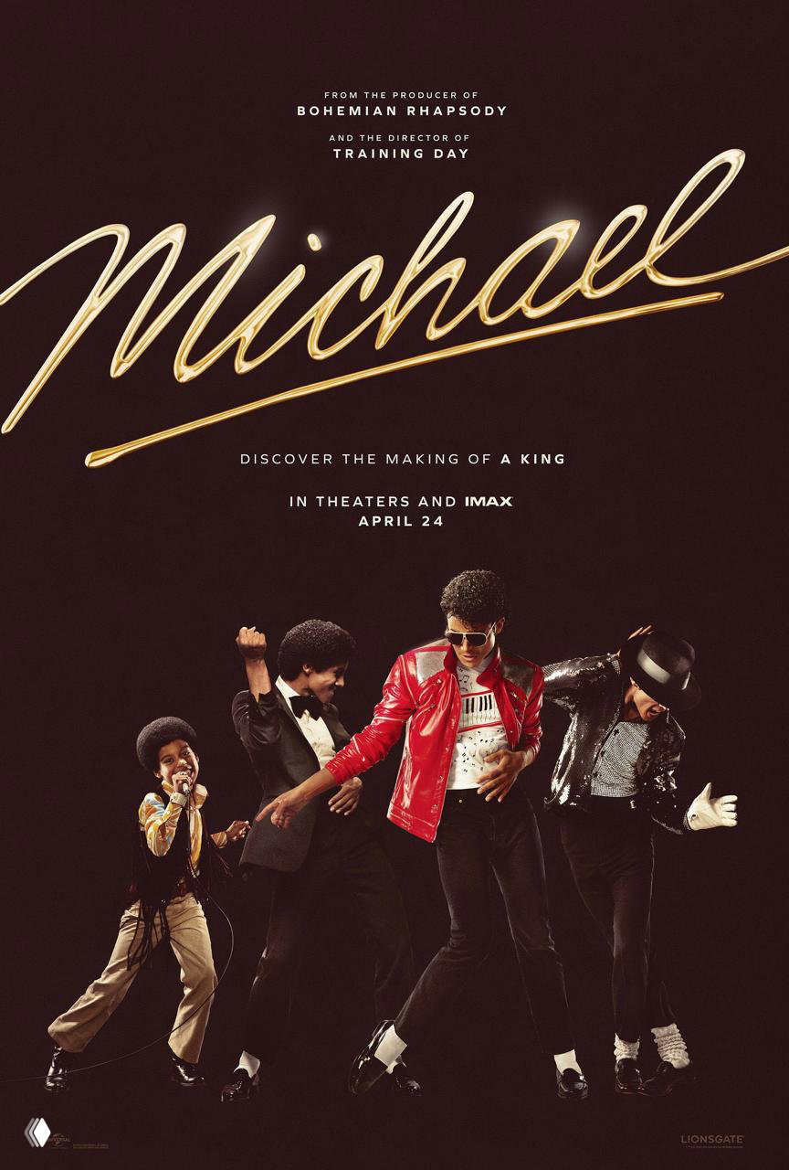 Постер фильма «Michael» с золотой надписью на тёмном фоне; изображены несколько образов Майкла Джексона в танце.