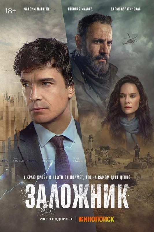 Постер международной драмы «Заложник» с Максимом Матвеевым: образ героя на фоне военных сцен и вертолёта, напряжённый коллаж событий.