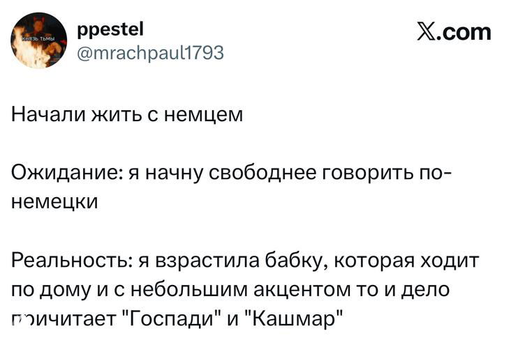 Скриншот твита про совместную жизнь с немцем: ожидание и реальность в виде шутки о манере говорить и привычках — бытовой юмор в тексте.