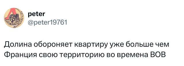 Фрагмент скриншота с твитом: «Долина обороняет квартиру уже больше чем Франция свою территорию во времена ВОВ» — короткая саркастическая запись в ленте.