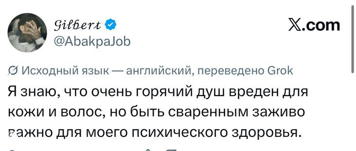 Скриншот твита: автор саркастически пишет о том, что горячий душ вреден для кожи и волос, но «быть сваренным заживо» якобы важно для психики; видно имя автора и интерфейс твита.
