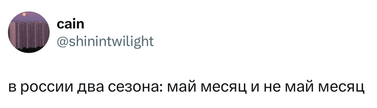 Скриншот твита: «в россии два сезона: май месяц и не май месяц» — короткая шутка в типичном оформлении твиттера.