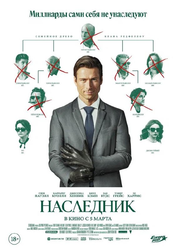 Постер «Наследник»: Глен Пауэлл в костюме на фоне семейного древа с зачёркнутыми членами династии, криминальная и чёрная комедия в оформлении.