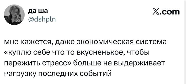 Скриншот твита с шутливым комментарием про экономическую систему и стресс; в кадре ник, аватар и отметка платформы X.