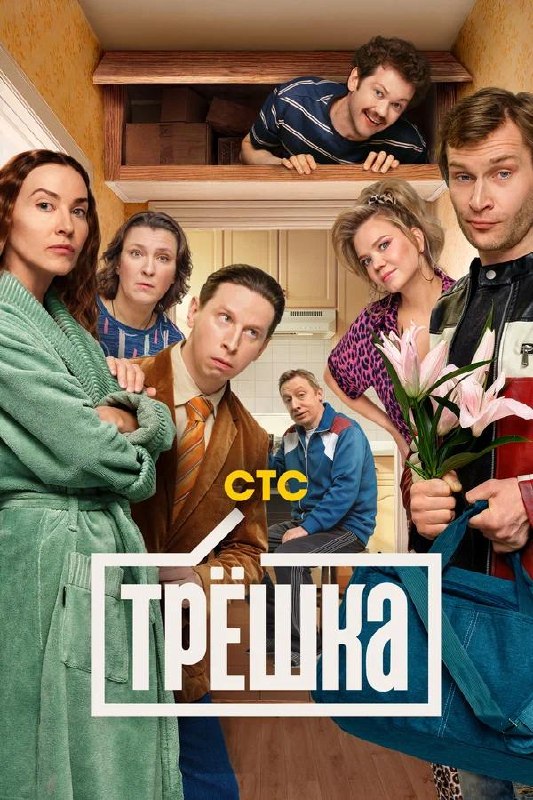 Плакат «Трёшка»: несколько персонажей в интерьере маленькой квартиры, бытовая комедия про совместное проживание и семейные конфликты.