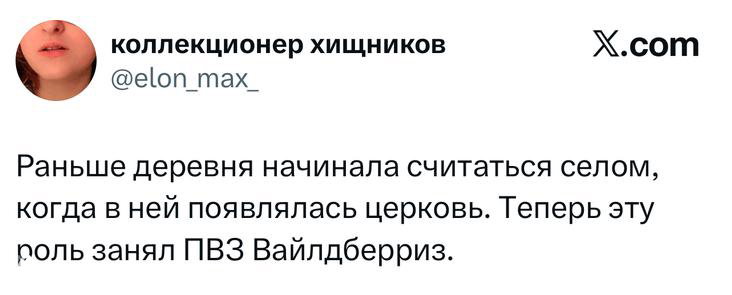 Скриншот твита с наблюдением о деревне и церкви, ироничная ремарка про роль ПВЗ Вайлдберриз; видны ник и логотип платформы.